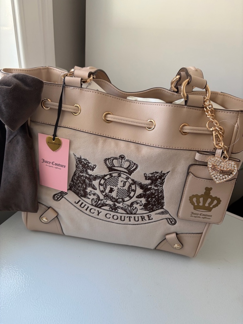 NWT Juicy Couture Classic Scottie Dogs Daydreamer Tote Bag Purse Sandstone Brown